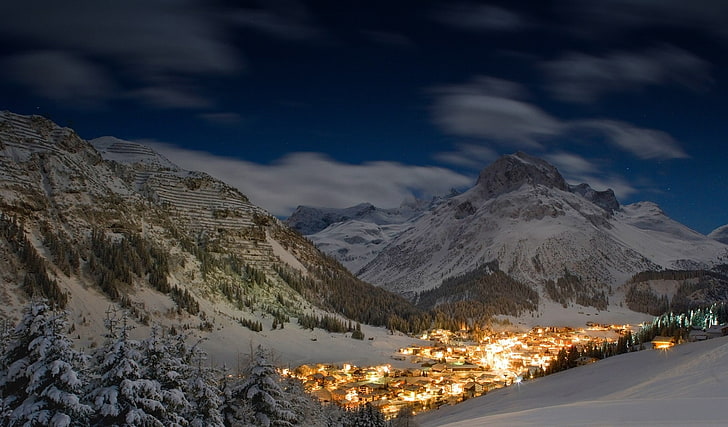 winter, starry night, Austria, snow, forest, city, lights, mountains, HD wallpaper