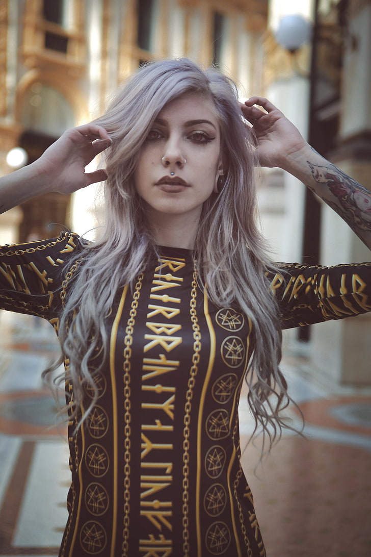 Michela Navarra, tattoo, women, runes, long hair, beauty, hairstyle, HD wallpaper