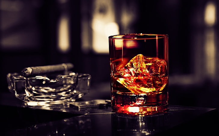 cigars, whisky, drink, whiskey, glasses, alcohol, drinking glass, HD wallpaper