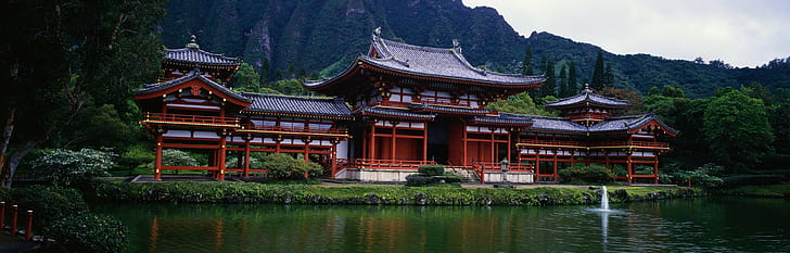 landscape, river, architecture, Hawaii, Byodo-In Temple