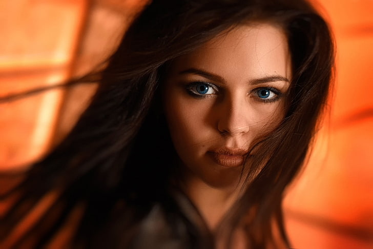 women, model, brunette, blue eyes, face, mouth, lips, portrait, HD wallpaper