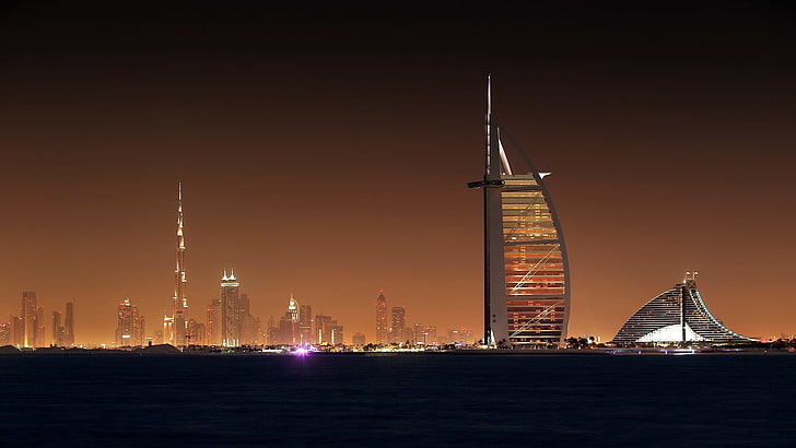 Burj Al Arab, Night, The city, Light, Skyscrapers, Beautiful