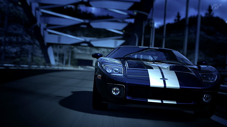 blue and gray Ford GT coupe], black and white sports coupe crossing the bridge