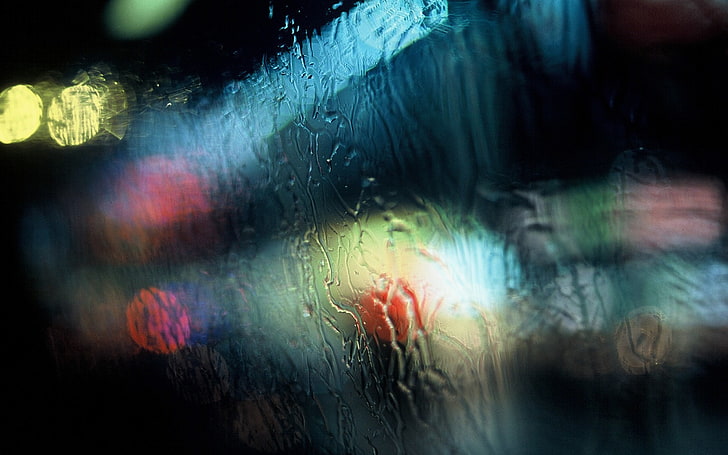 clear glass panel, rain, window, lights, traffic lights, water on glass