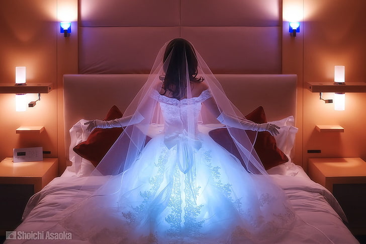 brides, wedding dress, room, interior, illuminated, indoors, HD wallpaper