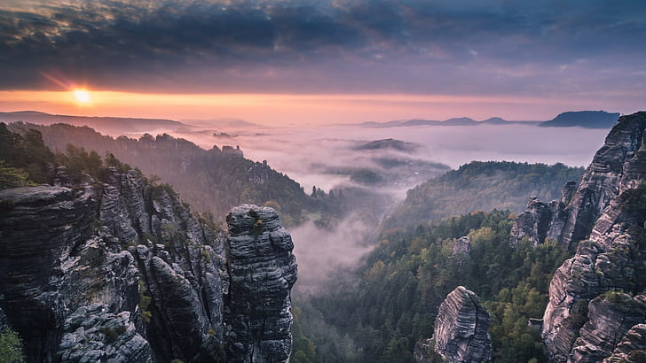 rock formations and forest, landscape, nature, mist, scenics - nature