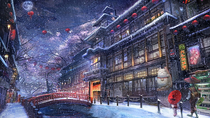 snow, anime, night, winter