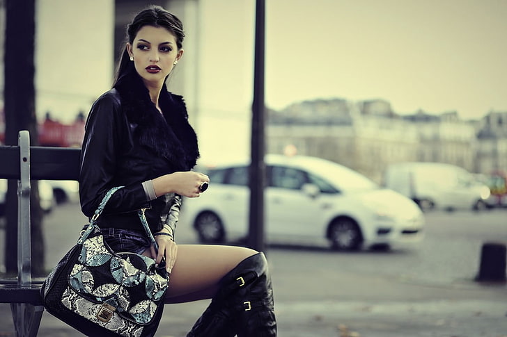women's black jacket, Paris, fashion, purses, boots, black jackets, HD wallpaper