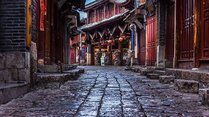 ancient, houses, street view, asia, china, yunnan, walkway, HD wallpaper