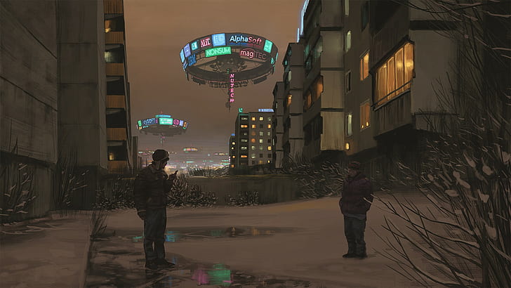 men's brown bubble jacket, cyberpunk, futuristic, Simon Stålenhag, HD wallpaper