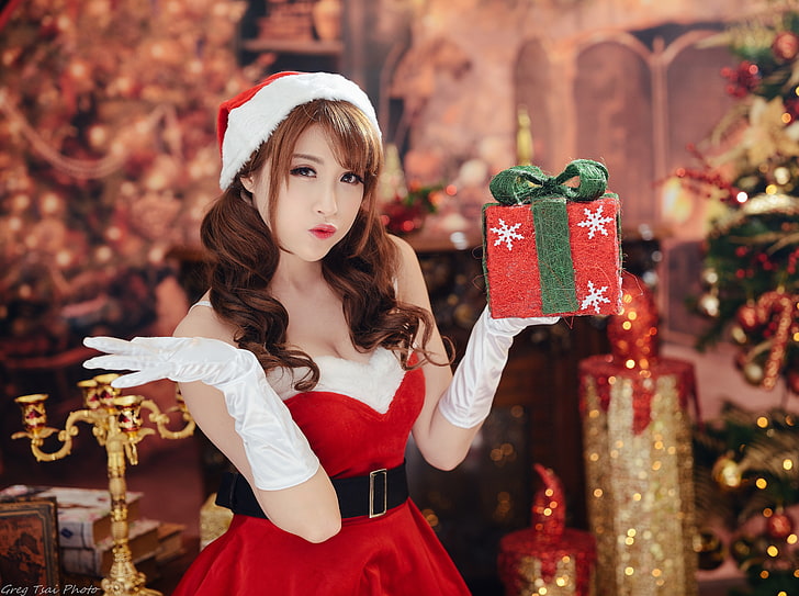Christmas, Cute Girl, Gift, Holidays, Beautiful, Woman, Santa, HD wallpaper