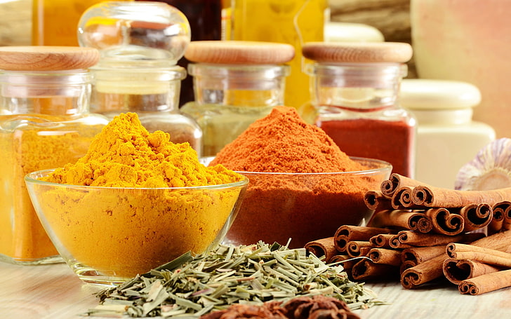 yellow and brown powders, spices, cinnamon, aromatic, bowl, seasoning, HD wallpaper