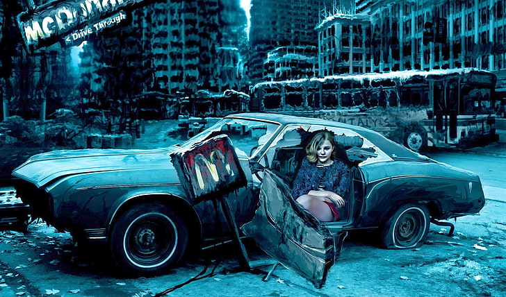 girl inside car painting, women with cars, Chloë Grace Moretz
