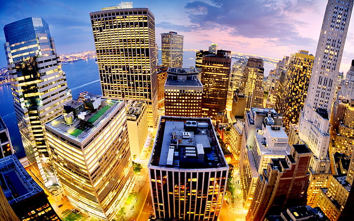 New York City, Manhattan, USA, city, night, buildings, lights, HD wallpaper