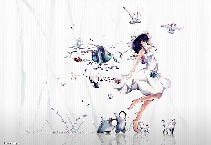 painting of woman wearing white dress, fantasy art, animals, penguins