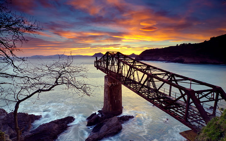 nature, sunset, bridge, HDR, sea, sky, ruin, HD wallpaper