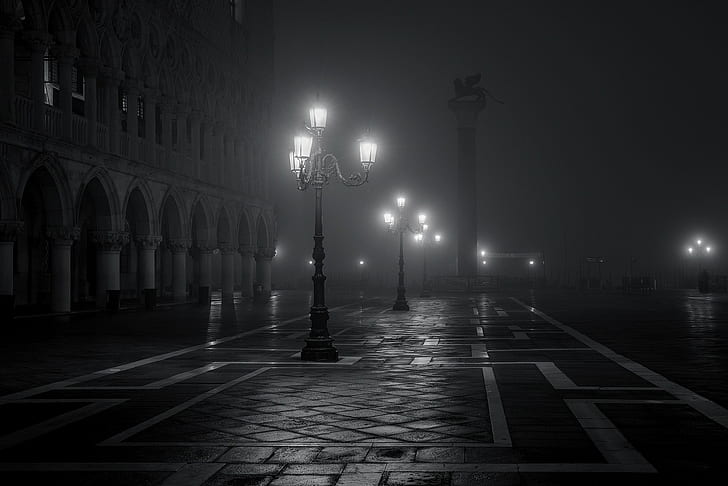black, city, fog, italy, lights, marco, mood, night, piazza, HD wallpaper