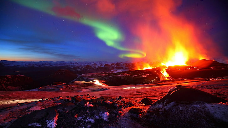 fire, iceland, eyjafjallajokull, 2010, northern lights, aurora borealis, HD wallpaper