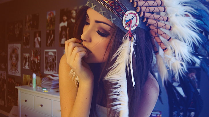 black, white, and brown native American headdress, colorful, feathers, HD wallpaper