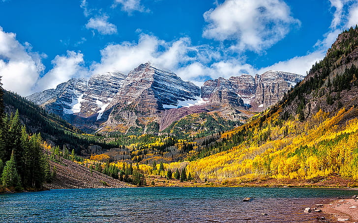 Wonderful Autumn Landscape Mountain Lake Birch And Pine Forest With Yellow And Green Leaves, Rocky Mountains With Snow Blue With White Clouds Maroon Bells Elk Mountains Aspen Colorado