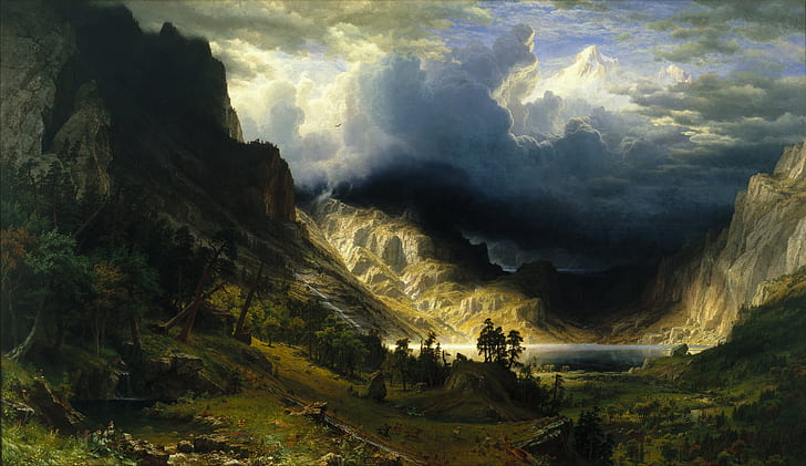 albert bierstadt nature landscape mountains fantasy art painting a storm in the rocky mountains