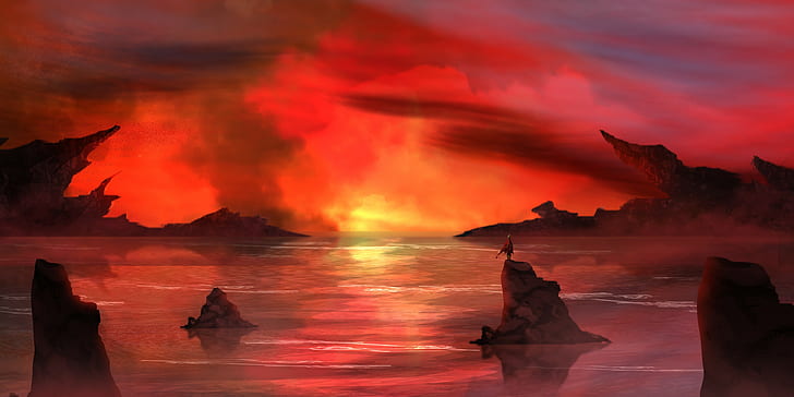 red, fire, smoke, water, river