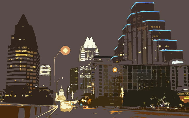 drawing, city, urban, night, street, lights, Austin (Texas), HD wallpaper