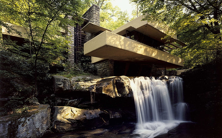 brown and gray concrete house, waterfall, Falling Water, Frank Lloyd Wright, HD wallpaper