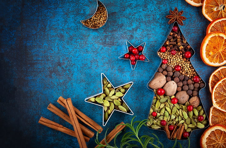 holiday, orange, Christmas, New year, nuts, cinnamon, spices