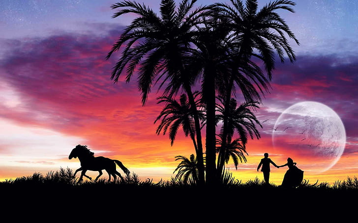 Loves Young Dream, silhouette of trees couple and horse under the sky