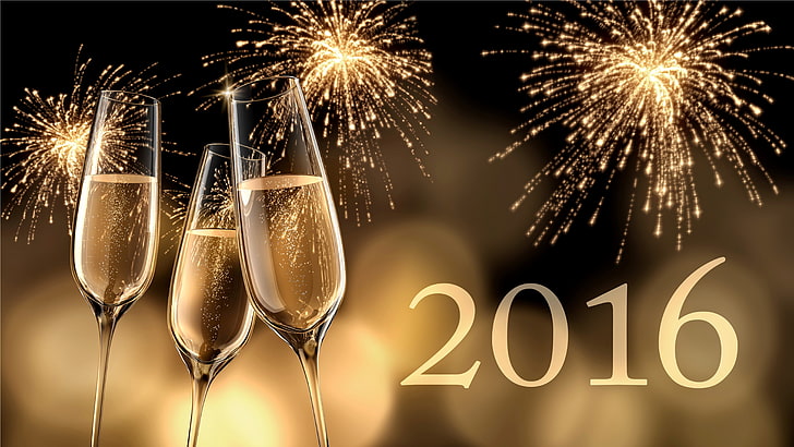 three champagne flutes, salute, New Year, glasses, golden, Happy, HD wallpaper