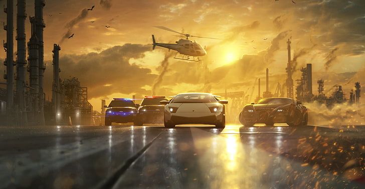 white Lamborghini Aventador coupe, road, sunset, machine, pipe, HD wallpaper