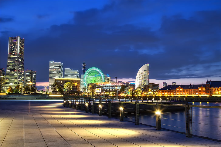 city building near water, japan, yokohama, port, metropolis, night