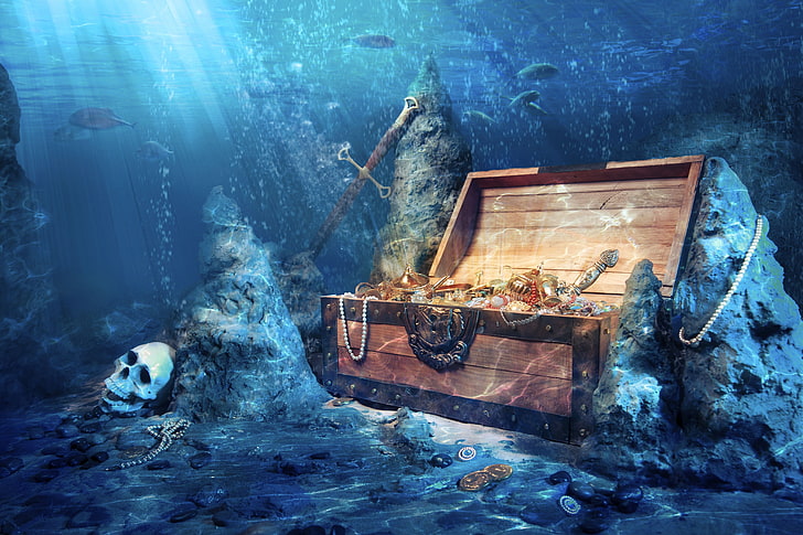 fantasy art, pirates, treasure, skull, underwater, nature, cold temperature