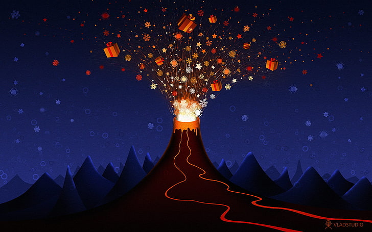 gift volcano eruption digital wallpaper, Vladstudio, lava, presents