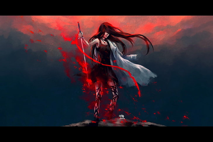 blood, sword, NanFe, artwork, long hair, fantasy girl, fantasy art