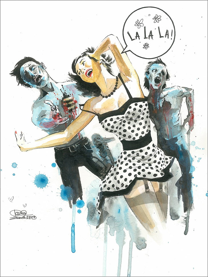 woman running behind zombies paining, lora zombie, classic art