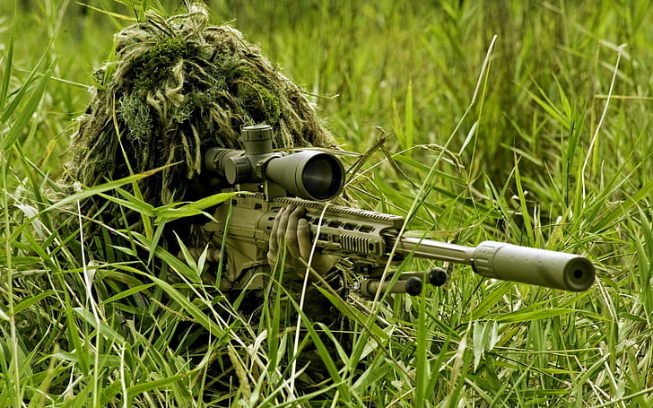 sniper rifle men ghillie suit, grass, plant, green color, land
