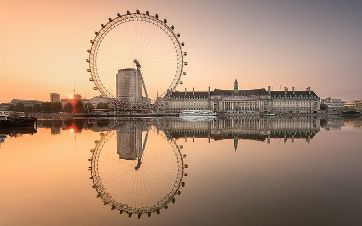 white ferris wheel, London, England, city, sea, water, reflection