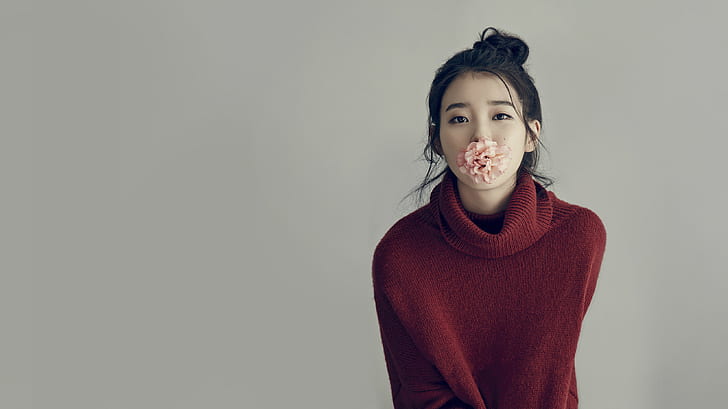 IU, women, flowers, red sweater, Korean, korean women, K-pop, HD wallpaper