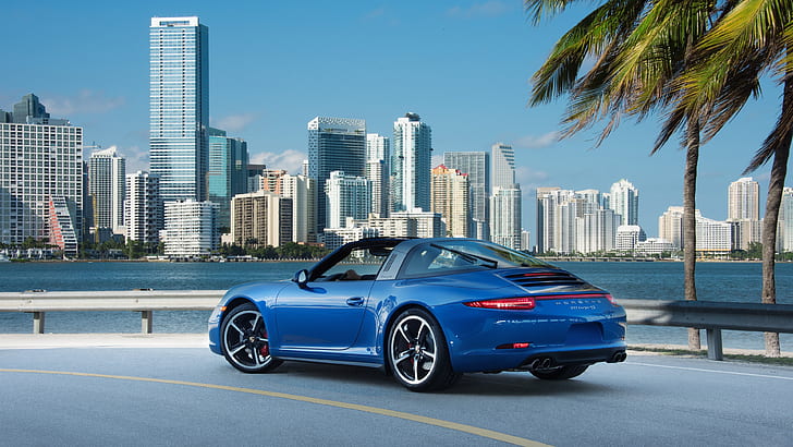 Porsche 911 Targa 4S blue supercar at city, HD wallpaper