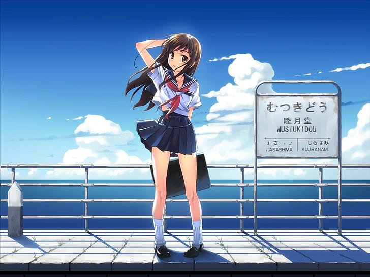 windy, school uniform, original characters, anime girls, HD wallpaper