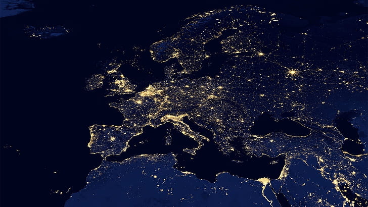 space, light, night, lights, map, the evening, Europe, panorama, HD wallpaper