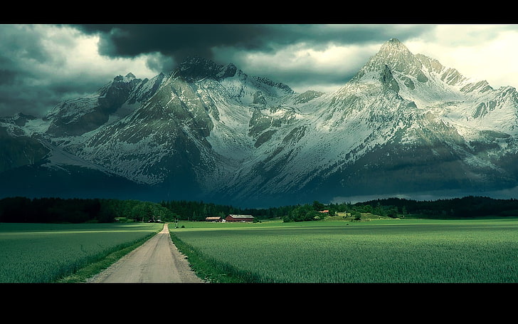 road, grass, village, snow, sky, field, trees, mountain, environment, HD wallpaper