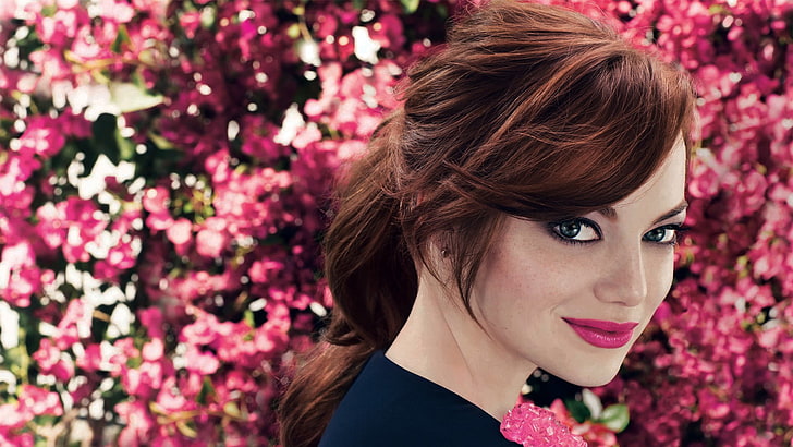 Emma Stone, face, blue eyes, actress, portrait, flower, one person