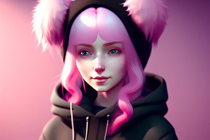 pink hair, AI art, digital art