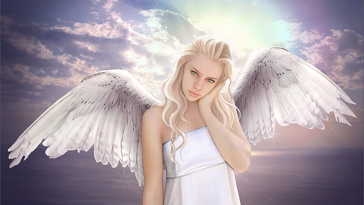 Fantasy angel girl, wings, sky, white, HD wallpaper
