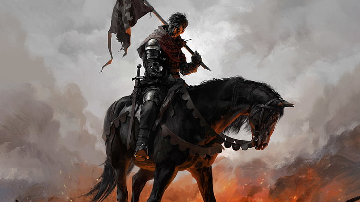 game wallpaper, sword, armor, weapon, man, ken, blade, flag, horse
