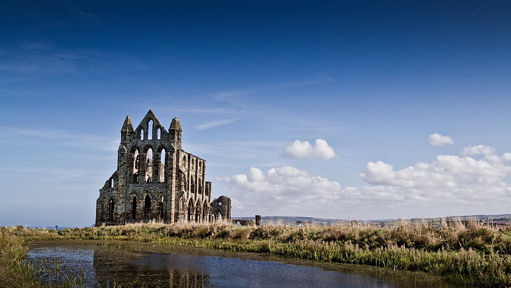 church, England, river, Whitby Abbey, sky, built structure