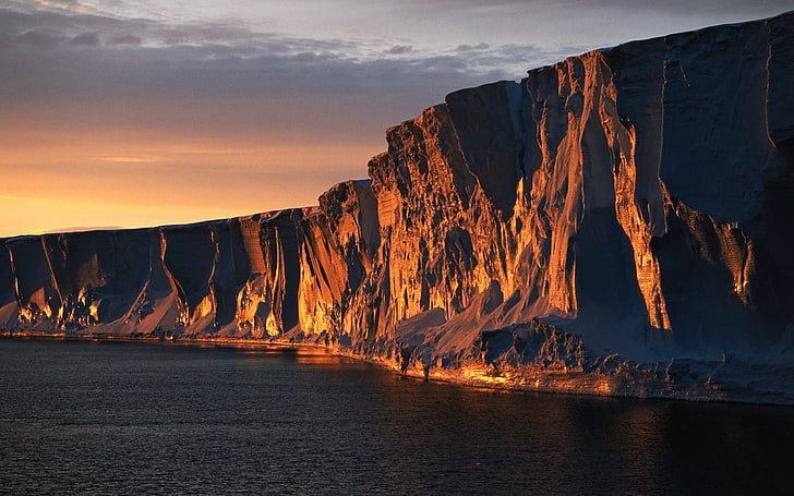 brown cliff, landscape, nature, ice, sea, coast, Antarctica, winter, HD wallpaper